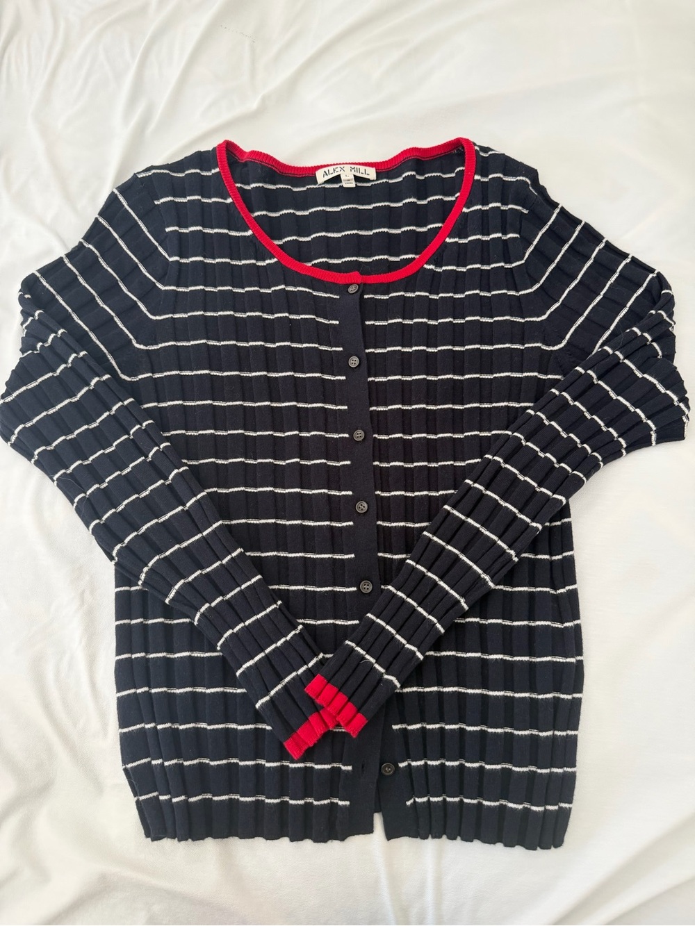 Alex Mill Navy and White Striped Cardigan with Red Trim